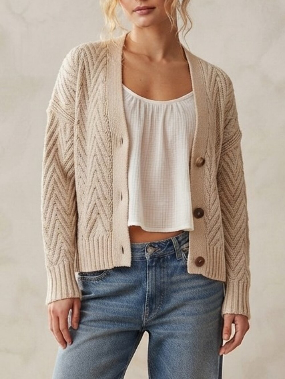 Abercrombie & Fitch Cardigan Sweater Herringbone Stitch Tan Cotton Blend Size M